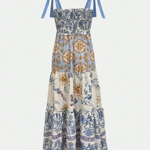 Multicolor Casual Women's Floral Print Lace-Up Spaghetti Strap Pleated Dress - Picture 6 of 6